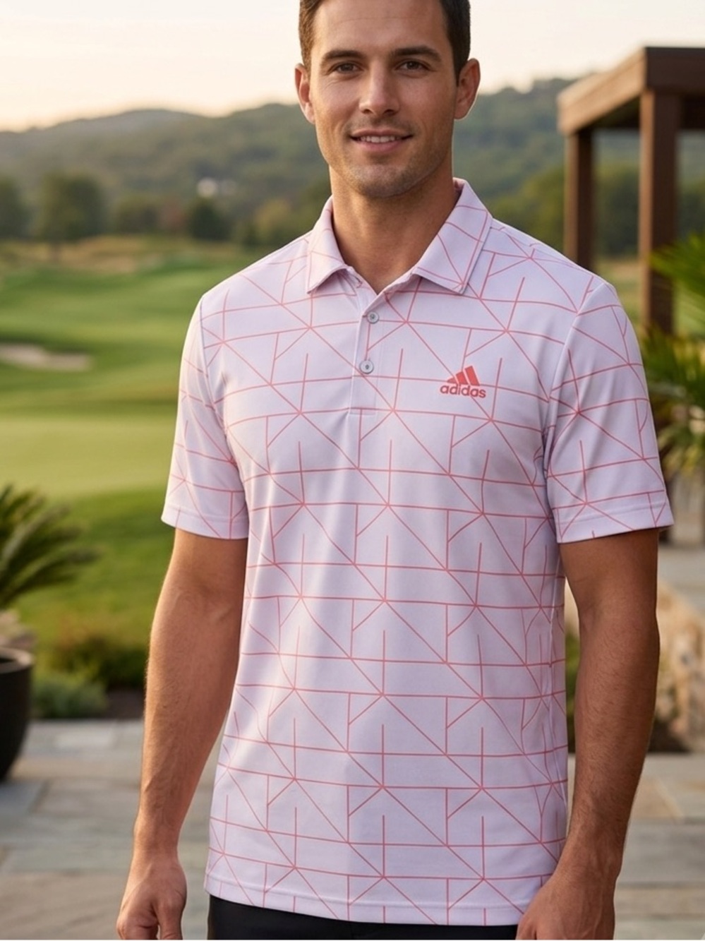 adidas Men’s White Polo with Pink Geometric Lines